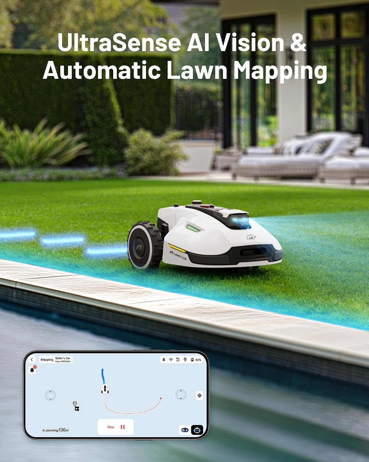 MAMMOTION YUKA 3000 Robot Lawn Mower, Perimeter Wire free,Recommended 3000 m, Max.4000 m,Equipped with Ultrasense Al vision, Handles 45% slopes Cutting Heights 20-90mm, Automatic Mapping