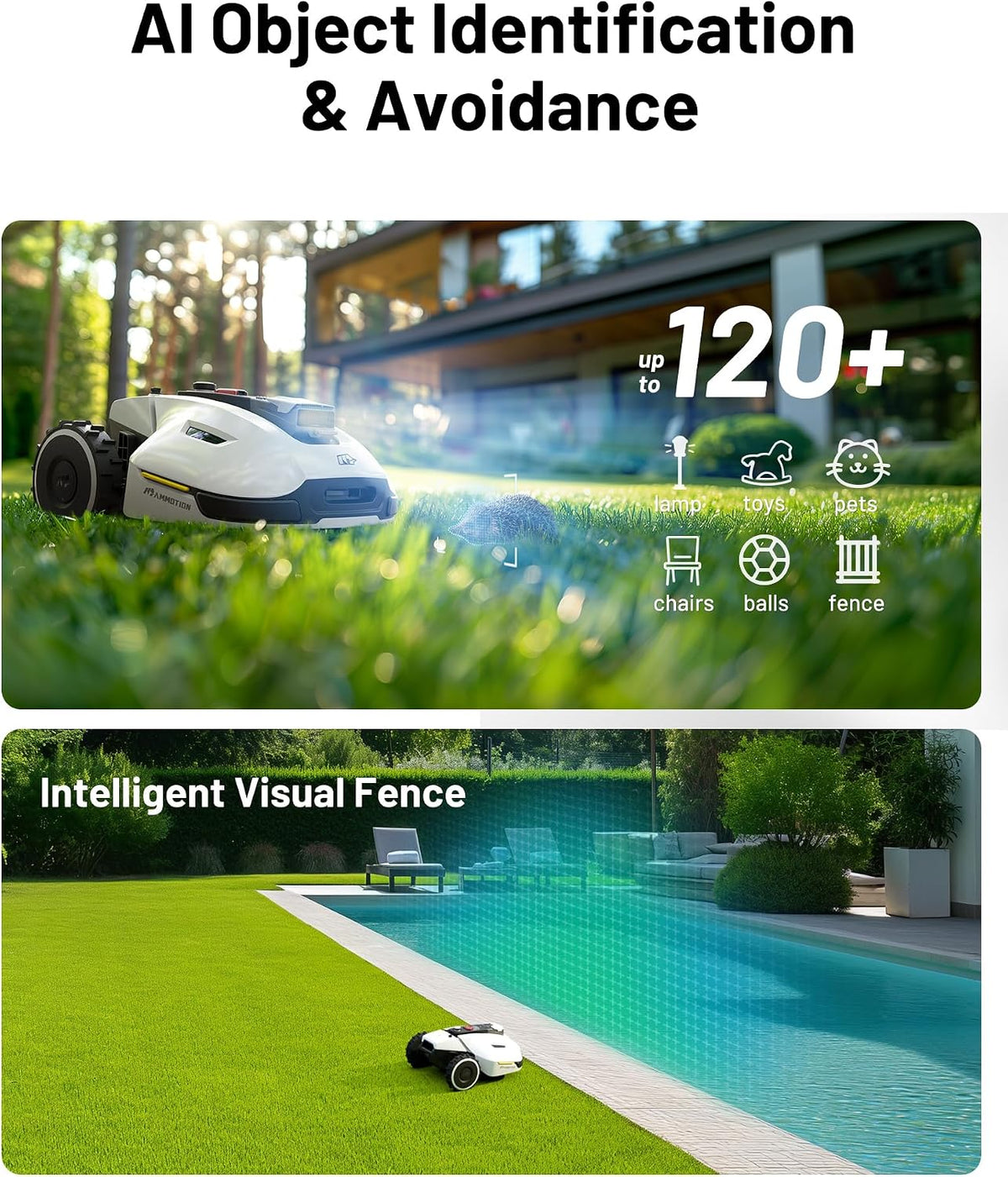 MAMMOTION YUKA 3000 Robot Lawn Mower, Perimeter Wire free,Recommended 3000 m, Max.4000 m,Equipped with Ultrasense Al vision, Handles 45% slopes Cutting Heights 20-90mm, Automatic Mapping